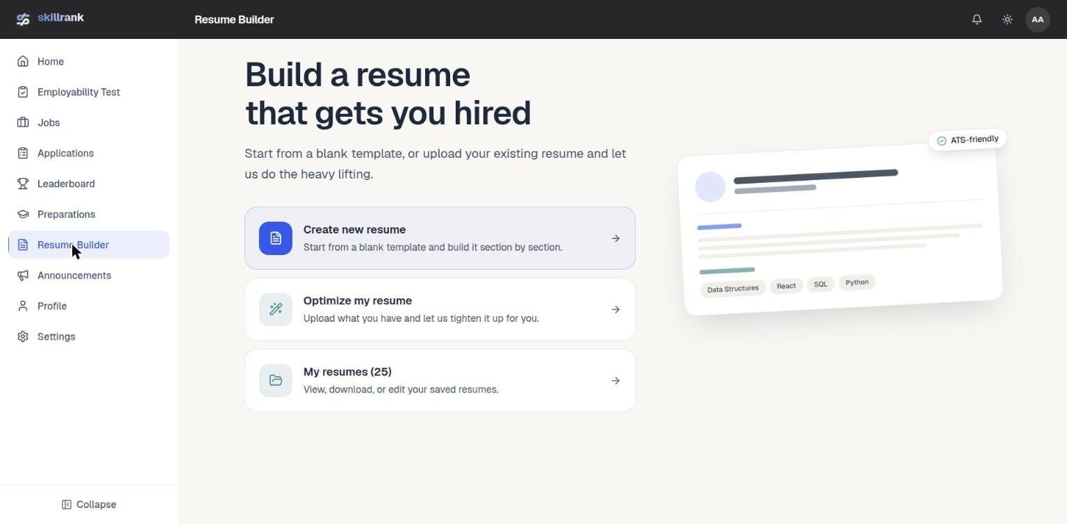 Skillrank's Resume Builder start screen, with options to create a new resume, optimize an existing one, or view saved resumes
